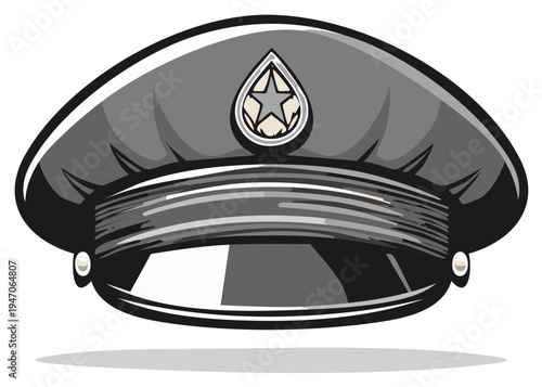 Gray Police Cap with Star Badge and White Outline Isolated on White for Security Uniform Accessory