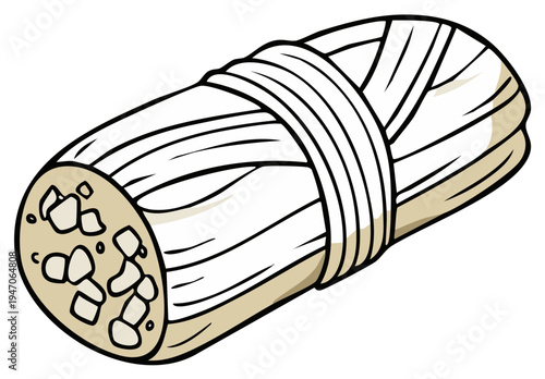 Cartoon illustration of a freshly made tamale wrapped in corn husks ready to be cooked or served