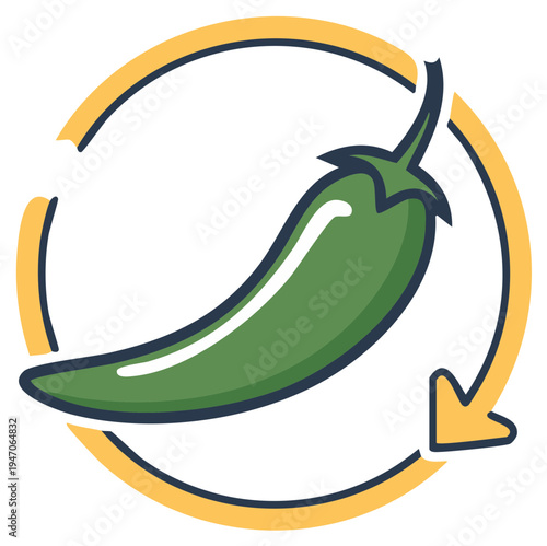 Green chili pepper with circular arrow icon representing spicy refresh food cycle or taste update