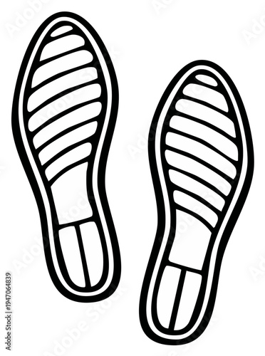 Footprint pair in black outline - showing shoe sole tread pattern - illustration of walk or steps