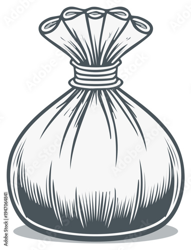 Cartoon drawing of tied sack or bag with contents inside