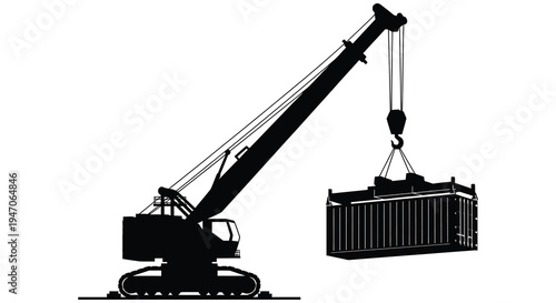 A stark black silhouette of a large crane lifting a shipping container showcasing industrial power and scale silhouette