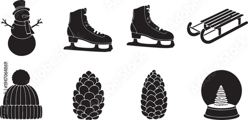 Winter scene with snowman, ice skates, sled, bobble hat, pinecones, and snow globe with fir tree