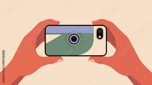 Hands holding smartphone with an abstract camera lens mobile