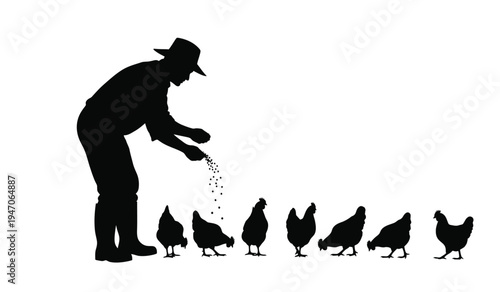 A silhouette of a farmer wearing a hat while scattering grain to feed a group of small chickens