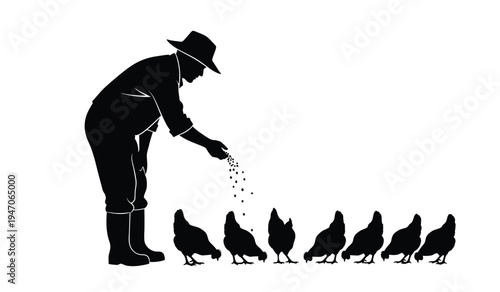 Black silhouette of a farmer wearing a hat while scattering grain to feed a group of chickens