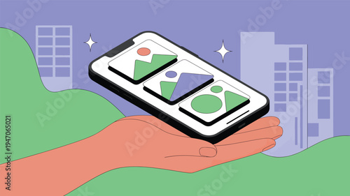 Hand holding smartphone displaying abstract against cityscape background mobile phone screen