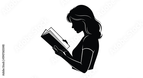 A graceful woman is depicted reading an open book captured in a striking black silhouette high quality professional