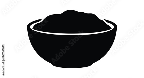 A simple black silhouette depicts a round bowl filled with a textured substance showcasing a minimalist style silhouette