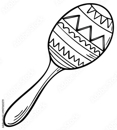 Line drawing of a maraca musical instrument with decorative pattern.