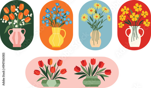 Floral bouquet collection in ceramic vases, blooming spring flowers, tulips, daisies, forget-me-nots, flat vector illustration, botanical home decor elements, colorful nature art.