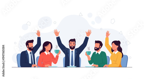 Teamwork success, people raising hands in meeting, celebrating victory, business concept