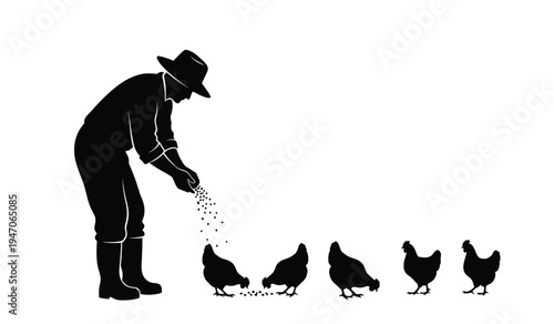 A silhouette illustration of a farmer wearing a hat as he feeds a small group of domestic chickens