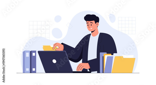Man working on laptop with files and folders, business organization concept