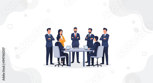 Business meeting in office, team discussing strategy around table with laptops