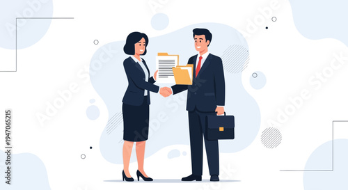 Business partners shaking hands, deal agreement, successful cooperation, office background