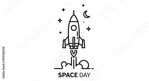 Rocket Launching into Space with Stars and Moon - Minimalist Line Art