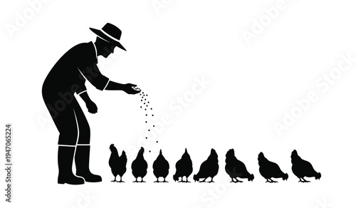A silhouette illustration of a farmer wearing a hat feeding a group of chickens in a farm field