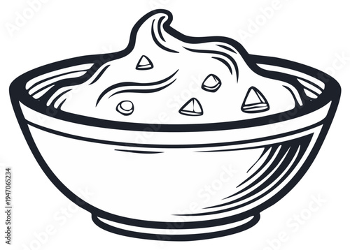 Simple Line Art Bowl of Creamy Dip with Chunks of Ingredients and Swirls