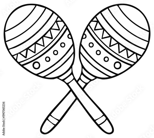 Two Crossed Maracas Line Art Musical Rhythm Instrument Hand Drawn Outline Design Coloring Page