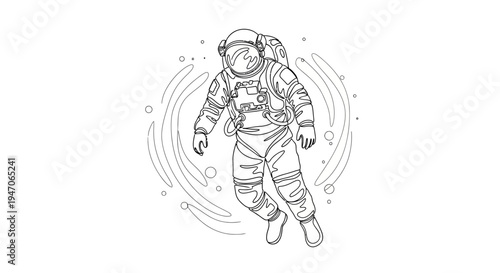 Astronaut Floating in Space with Swirling Nebula - Line Art Illustration