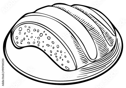 Line drawing of a loaf of bread on plate viewed from above with bread texture details showing.