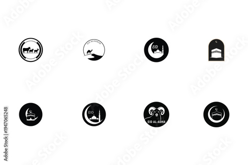 Black and white circular icons depicting islamic religious imagery and celebrations