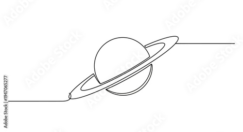 Minimalist Saturn line art, planet with rings, cosmic drawing, white background