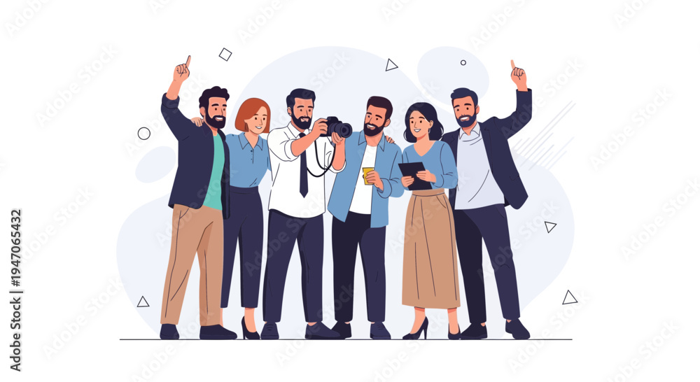 Obraz premium Diverse team of professionals celebrating success, with a photographer capturing the moment.