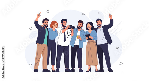 Diverse team of professionals celebrating success, with a photographer capturing the moment.