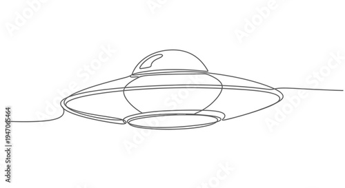 Minimalist UFO line drawing on white background, alien spaceship concept