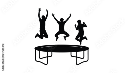 Three happy people jumping high in the air on a large backyard trampoline for active recreation