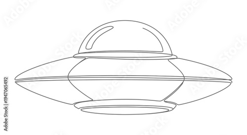 Minimalist UFO outline drawing on white background, alien spacecraft illustration