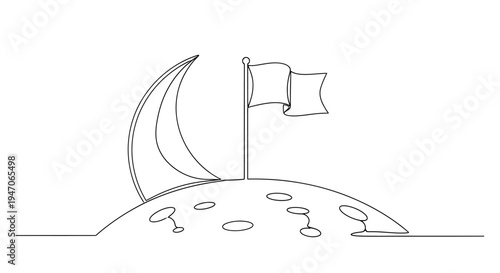 Crescent Moon and Flag on Lunar Surface - Minimalist Line Art