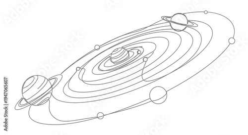 Stylized Solar System Outline: Planets Orbiting Sun, Space Illustration