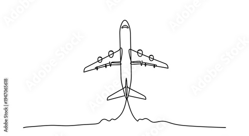 Airplane taking off, continuous line drawing, illustration