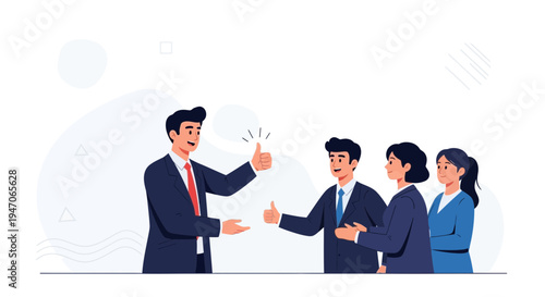Teamwork success, leader giving thumbs up to employees, business meeting, positive feedback