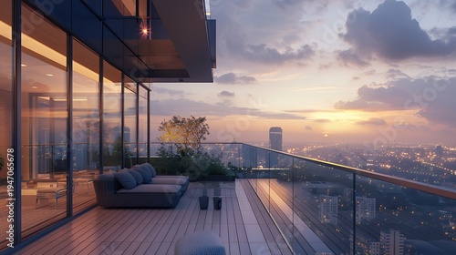 Panoramic City Sunset View from Modern High-Rise Balcony with Luxury Outdoor Furniture
