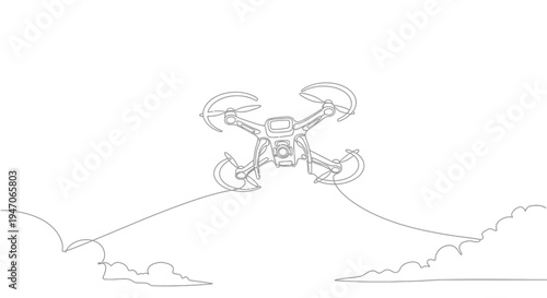 Modern drone flying with single line art illustration and clouds