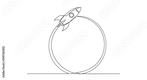 Rocket Ship Flying in Circle, Continuous Line Art