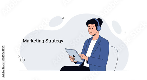 Marketing Strategy: Person with Headphones Using Tablet for Business Planning