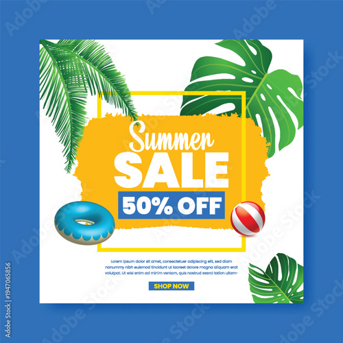 Editable summer sale social media post, banner, ad template. promotional Web banner for summer tropical background, square social media square flyer or poster for summer beach party design
