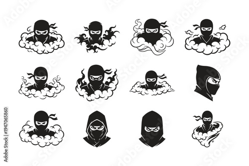 Collection of ninja icons and emblems depicting stealth and mystery
