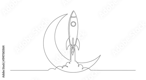 Rocket Launching Moon Crescent Line Art