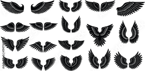 Wing Icon Set Featuring Various Angel and Bird Wing Designs for Freedom, Flight, and Fantasy Themes