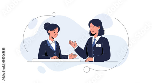 Two businesswomen in suits discussing at a desk, modern flat illustration