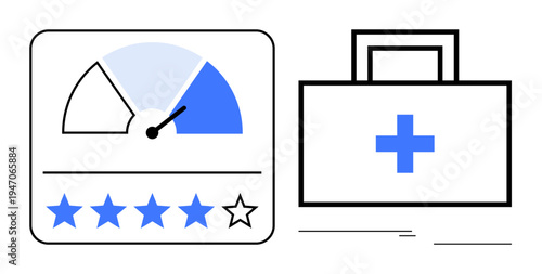 Performance meter indicating healthcare quality, star rating, and medical kit emphasizing healthcare standards. Ideal for healthcare, medical evaluation, quality assessment, patient feedback, health