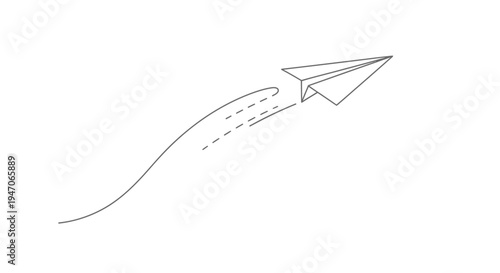 Origami paper airplane flying with a dashed line trail against white background