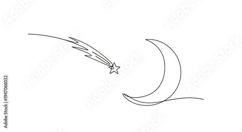 Minimalist one line drawing of a shooting star and crescent moon