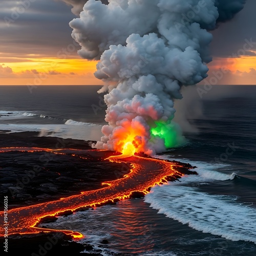 Volcanic Eruption Lava Flowing into Ocean.